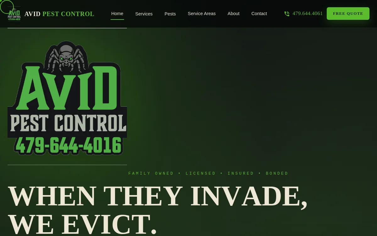 Avid Pests — Cleaning Services website screenshot