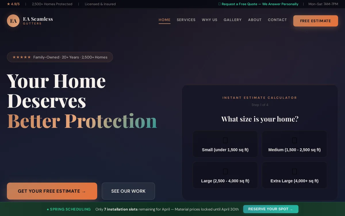 EA Seamless Gutters — Construction & Contractors website screenshot