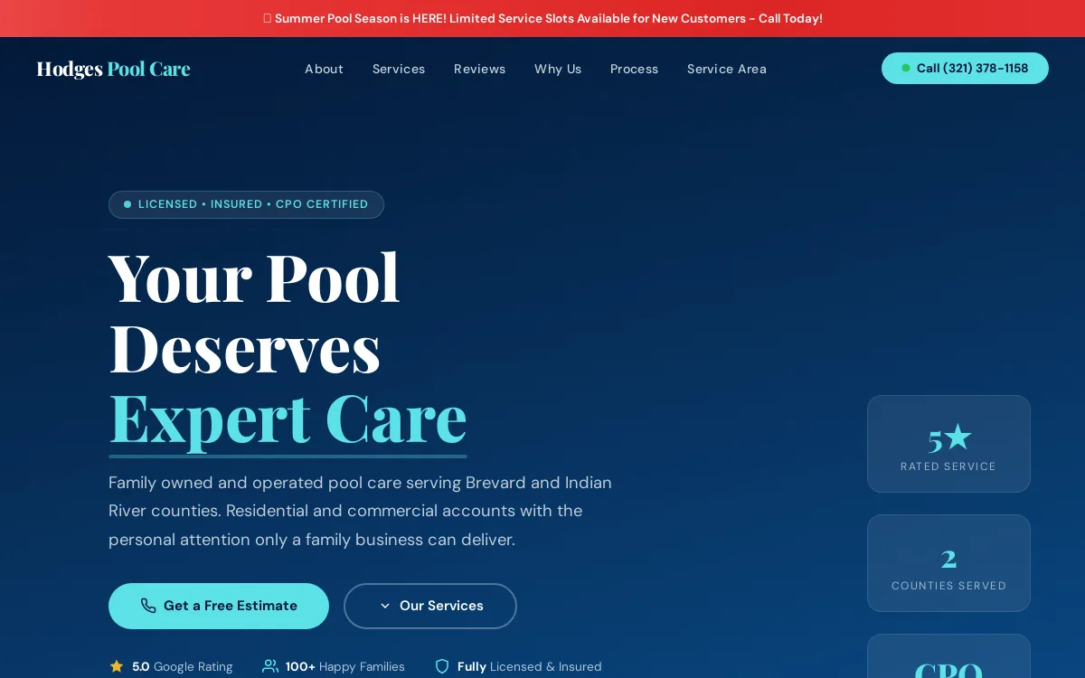 Hodges Pool Care — Cleaning Services website screenshot