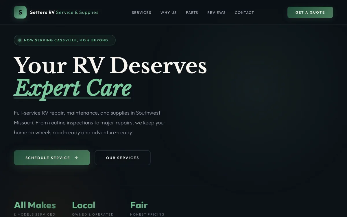 Setters RV — Auto & Mechanic website screenshot